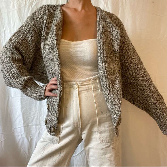 Vintage 80s P.G.E. Wool Blend Chunky Knit Puff Sleeve Batwing Cardigan - Picture 2 of 10